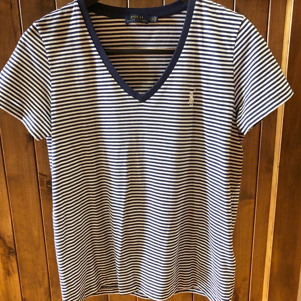 Women’s Blue and White Striped Short Sleeved Polo